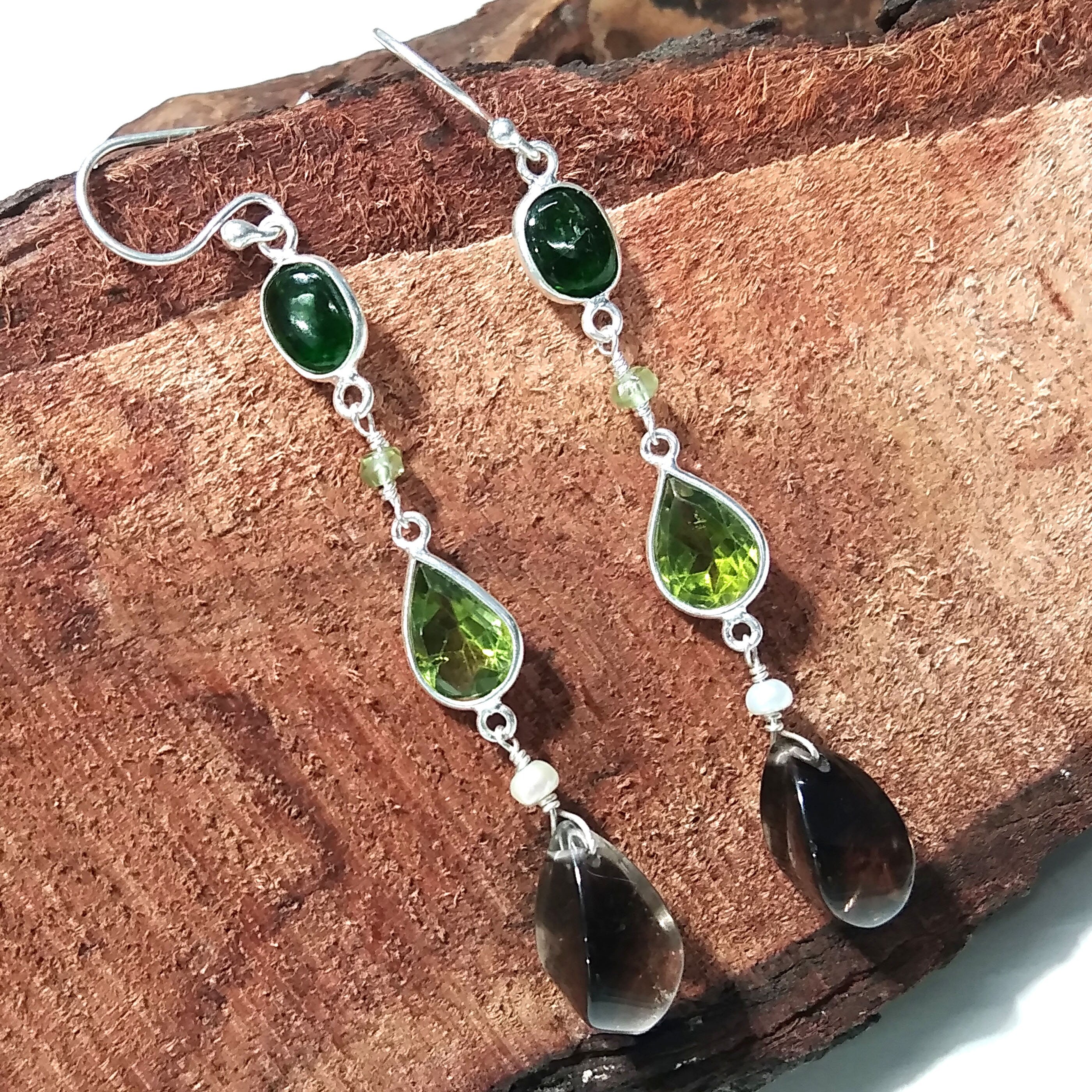 Natural Green Tourmaline/Peridot And Smoky Quartz Stone Earring, 925 Starling Silver Earring Handmade Making Jewelry Earring, Gift For Women
